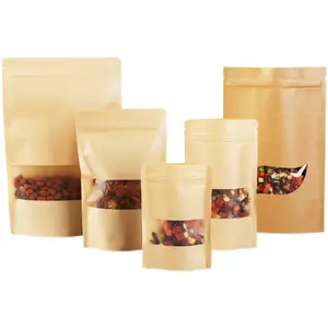 Biodegradable Doypack Ziplock Brown White Kraft Craft Paper Standing Up Pouches Food Packaging Zipper Bag With Window