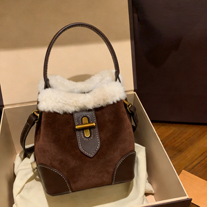 Bolso de Hombro de Ante Marrón con Ribete de Piel y Cierre de Palanca para Mujer, Novedad 2026 - Product Image 1