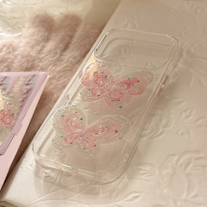 Cover posteriore trasparente coreana 3D con glitter a farfalla rosa e strass per iPhone 18 Pro Max 17 16 15 - Product Image 5