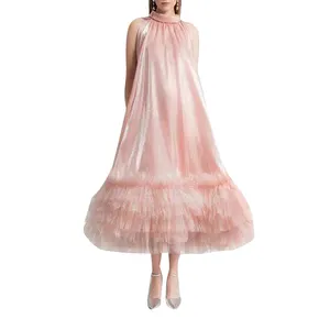 TWOTWINSTYLE Halter Sleeveless High Waist Patchwork Mesh Long Pink Women'S Dresses