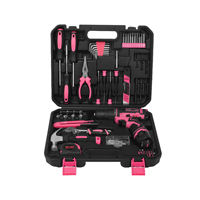 Ensemble d'outils de bricolage rose pour la maison de 151 pièces avec perceuse sans fil, outils à main en fer malléable, en acier fileté et en acier au carbone
