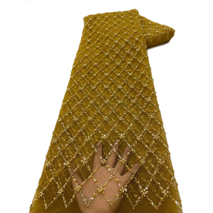 Ni. Ai màu xanh sang trọng đính cườm ren vải tuyn với sequins thêu chất lượng cao đính cườm Ren Vải cho phụ nữ Ăn mặc - Product Image 2