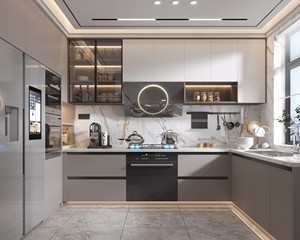 Fournisseur de meubles d'appartement : <span class=keywords><strong>Cuisine</strong></span> moderne de luxe avec îlot en marbre et accents en bois, présentant des vitrines et des étagères ouvertes - Product Image 4