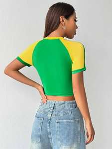 T-shirt da <span class=keywords><strong>donna</strong></span> in cotone Y2K di alta qualità con colori a contrasto grafica con bandiera brasiliana ricamata aderente manica Raglan - Product Image 4