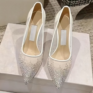 Escarpins élégants à bout pointu en maille, ornés de cristaux thermocollés étincelants, pour mariée et soirée, chaussures sophistiquées pour femme - Product Image 1