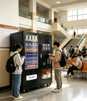 Nouvelle machine distributrice 2-en-1 de snacks, boissons et café, modèle 2026, en promotion, 24h/24, sans personnel, avec écran tactile et service en libre-service