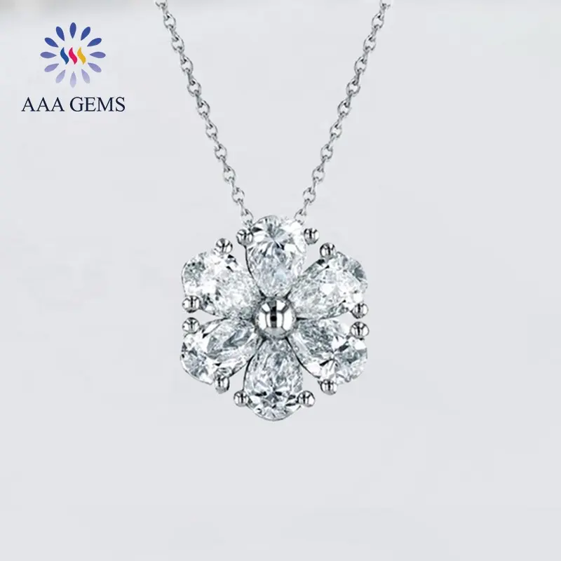 AAA Gems Fine Jewelry Women 14K Gold Cluster Flower Pendant Necklace Lab Created Diamond VVS Synthetic Diamond Necklace