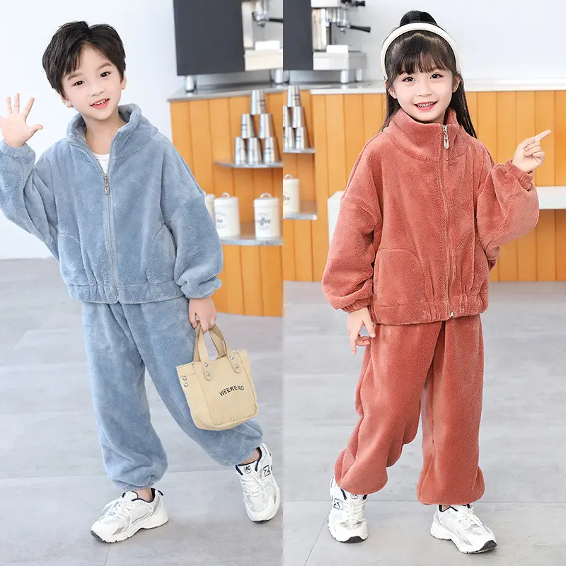 Boys Clothing Sets Winter Warm Tracksuit for Children Coral Fleece Girl Sets Khaki Kids Zipper Jackets Sweatpants Two-piece Suit