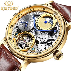 Montre mécanique automatique pour homme KINYUED, multi-fuseaux horaires, bracelet en cuir, phase de lune, étanche 3BAR, aiguilles lumineuses, vente en gros - Product Image 1