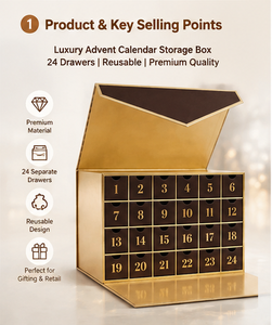 Boîte cadeau calendrier de l'avent en carton rigide brun doré à 24 tiroirs avec couvercle enveloppe, dorure à chaud et impression personnalisée - Product Image 3