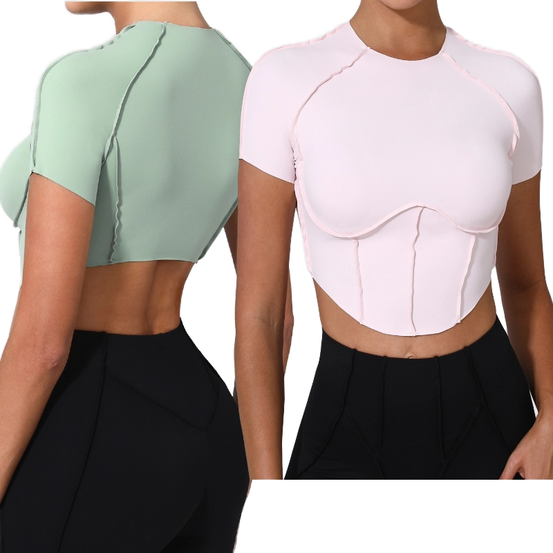 Yoga Top Quick-Dry Fitness Sports Bra Lightweight Short Sleeve Breathable Print Top Four-Way Stretch