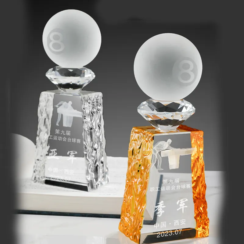 Wholesale Custom mini 3d ball engraved printing glass crystal Awards crystal snooker table billiard trophy for souvenir