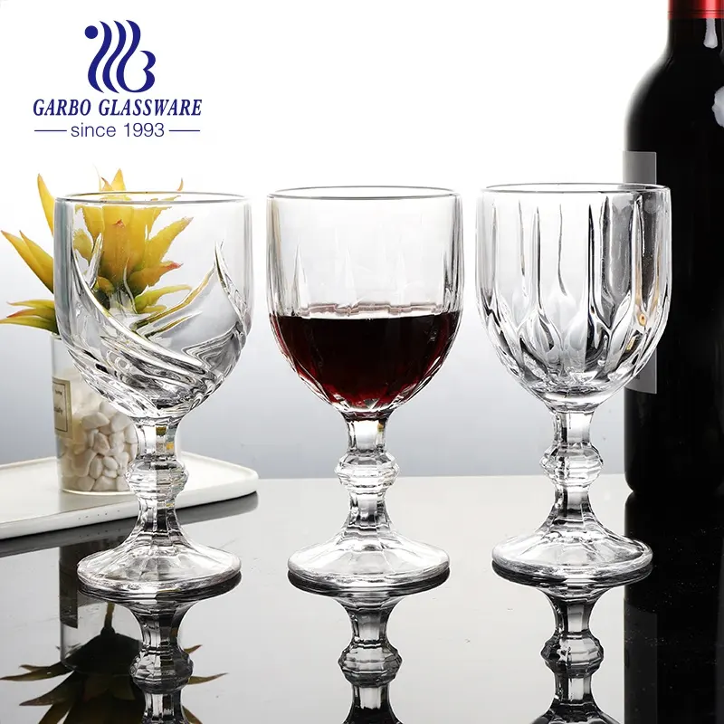 Vaso grande de cristal para jugos de 300ml, copas de vino grabadas para uso en bodas, con patrón inspirado en la vintage, en relieve