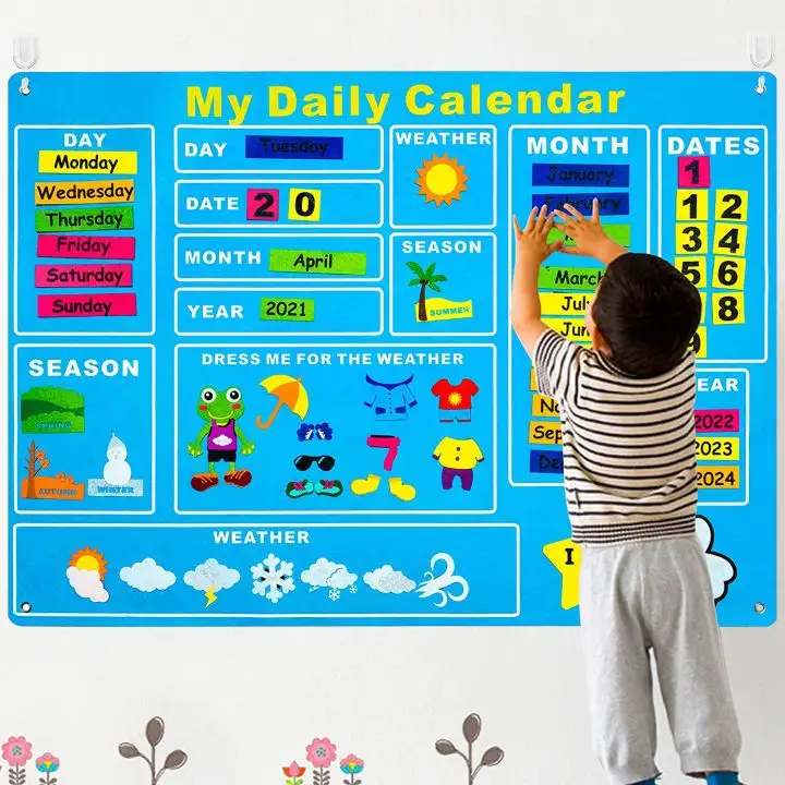My First Daily Calendar Felt-Board for Kids 3.5Ft 70Pcs All week Bulletin Board Preschool Early Learning toy Play Kit for Wall