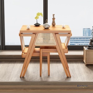 Juego de Mesa y Sillas de Comedor de Madera Maciza de Alta Gama, Mesa de Centro Cuadrada de Estilo Moderno con Asiento de Ratán, Muebles de Exterior - Product Image 3