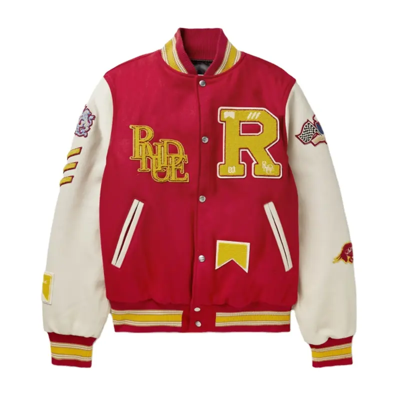 OEM custom high quality chenille embroidered leather sleeve and wool blend snap fastening varsity jacket men