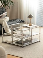 Table basse modulaire en acier inoxydable de style mid-century, avec rangement, style moderne minimaliste, inspirée d'Instagram, table d'appoint en verre
