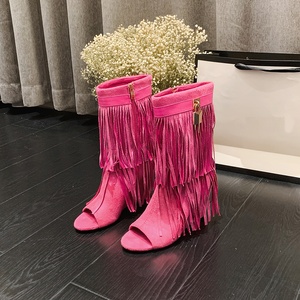 Designer 42 Size Oversized Tassel Designer Ladies Shoes Open Toe Wedge Heels Casual Mid <b>Boots</b> for Women - Product Image 4