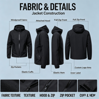 Veste d'extérieur imperméable et respirante à capuche pour homme, noire, avec coutures thermosoudées et poches zippées