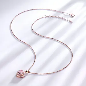 Modische feine Schmuck 925 Sterling-Silber Rose vergoldet rosa Herz Anhänger Halskette für Damen