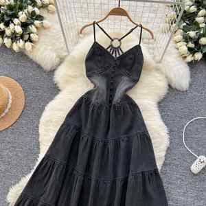 Vestido maxi vaquero casual de verano para mujer, sin mangas, con cuello de lazo, transpirable, entallado, con espalda descubierta, negro natural - Product Image 4