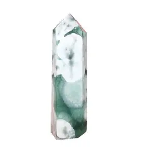 Prezzo all'ingrosso Intagliato Cristallo di Quarzo verde e bianco artificiale fiocco di neve giada Pietra Point Wand Torre