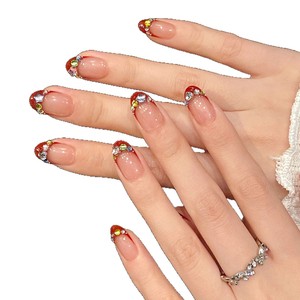 Faux ongles en acrylique de style français <span class=keywords><strong>rouge</strong></span> faits à la main 10 pièces faux ongles courts en <span class=keywords><strong>strass</strong></span> pour salon d'art des ongles ongles en gros - Product Image 4
