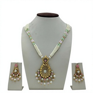 Beautiful 925 Silver Pearl <b>Beaded</b> Necklace <b>Set</b> with Gold Traditional Pendant and Matching Earrings Wedding Festive Wear - Product Image 1