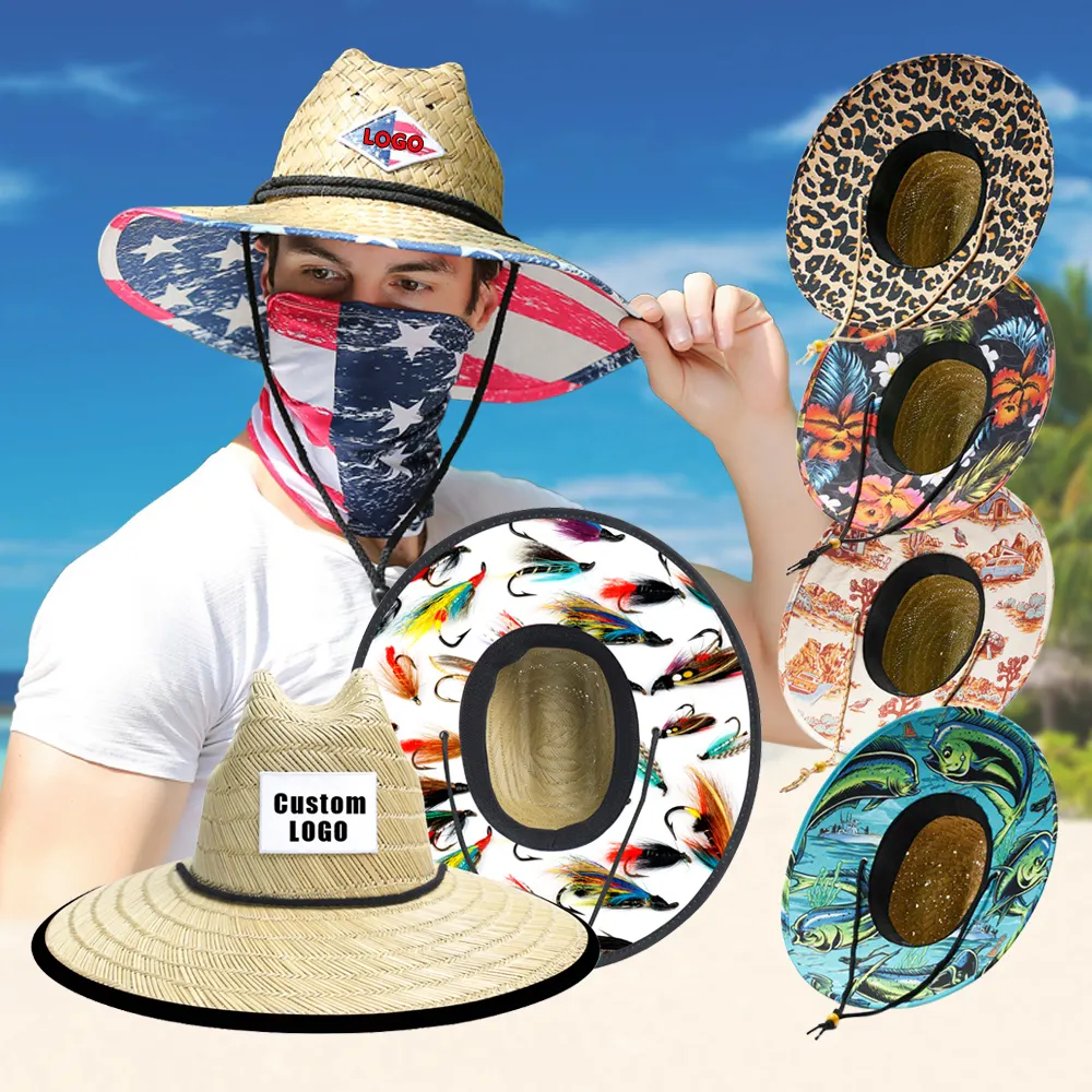 Benutzer definierte Logo Unisex Sombreros de Paja Bulk Großhandel Strohhüte Mann USA Breite Krempe natürlichen hohlen Gras Rettungs schwimmer Strohhut benutzer definierte