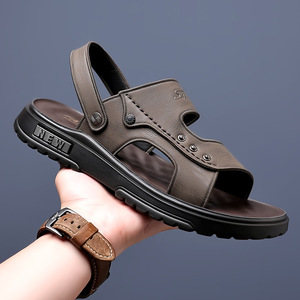 Men's Leather <b>Sandals</b> Flat Slip-On Soft Sole Beach Shoes Khaki Black Youth 2024 Style - Product Image 1
