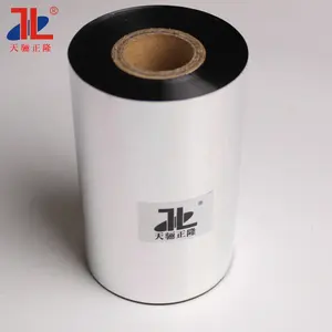 Pita printer transfer termal lilin 110mm x 300M pita printer kode batang hitam TTR produsen profesional dapat disesuaikan