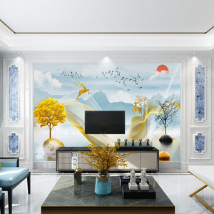 Salon Tv Fond Papier Peint Brume Bleu Abstrait Conception Artistique Mur Tissu Encre Paysage Film Et Télévision Murale - Product Image 4