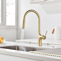 Robinet de cuisine en or brossé avec double mode, bec haut, monocommande, cartouche céramique sans plomb, pour usage hôtelier