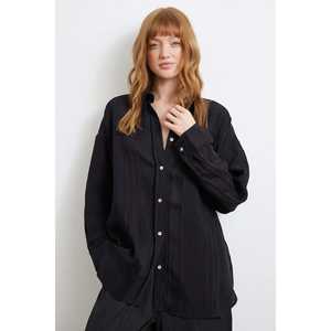 Chemisier décontracté noir pour femme en coton transparent avec détails en dentelle, tissu popeline transparent - Product Image 5