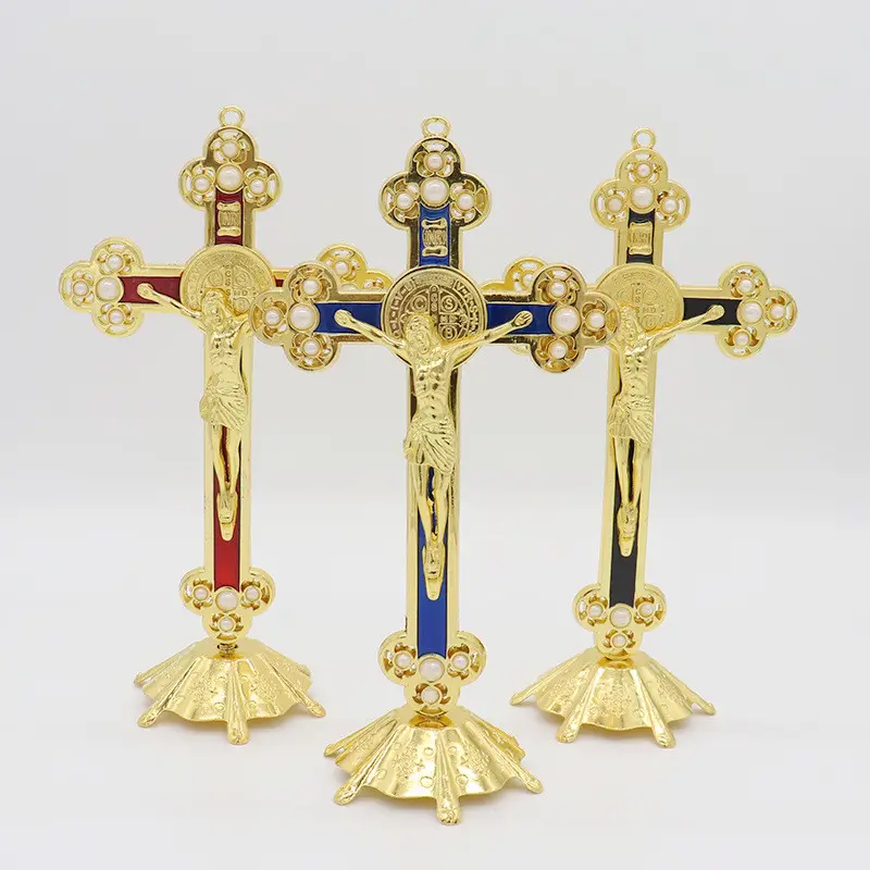 KOMI Religious Home Office Decorations Gold Metal Artical Pearl Inlaid Cross Colored Enamel Crucifix for Table Wall Ornaments