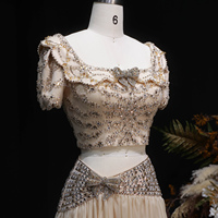 Robe de soirée deux pièces Sharon Said SS544 en mousseline de soie champagne, coupe trapèze, ornée de cristaux, à manches courtes, pour femme, idéale pour les fêtes formelles