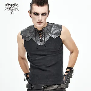 TT16701 punk distressed leather armor shape striped nailed men sleeveless laced up vest