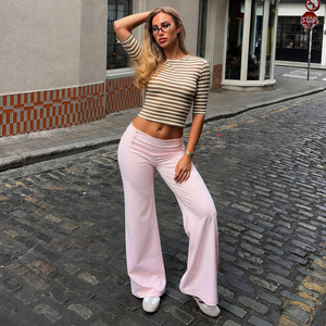 Striped Crop Tight Top Low Waist Button Cuff Flared Pants <b>Set</b> American Sweet Hot Street <b>Sexy</b> Two Piece Outfit - Product Image 4
