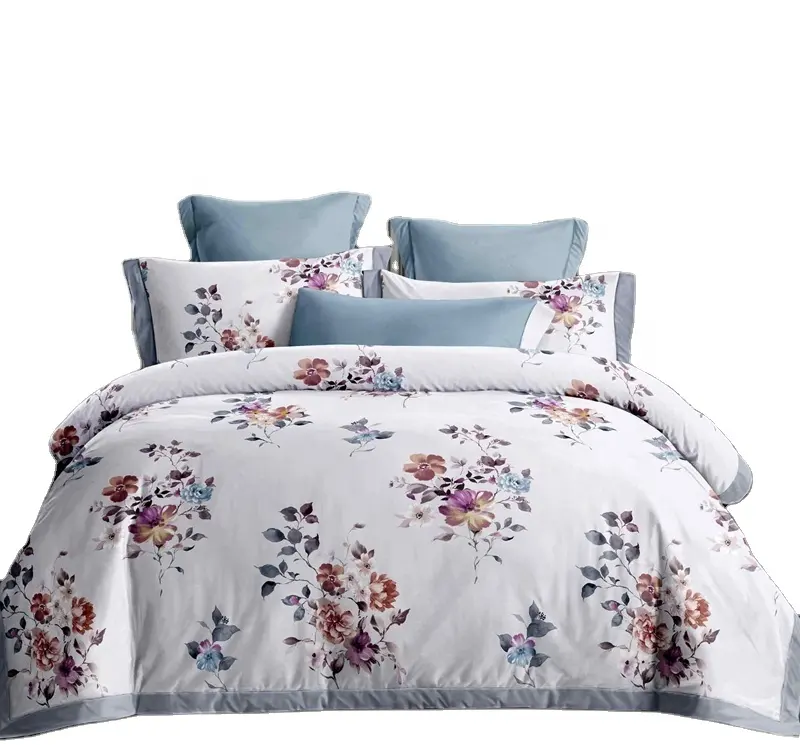 Cotton Bed Sheet Set King Size 8 pcs Hotel Sheets Bedding Set with Flower Pattern
