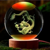 Lampe boule de cristal gravée au laser Dragon 3D Veilleuse boule de verre multicolore