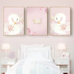 Peinture murale sur toile d'art mural de garderie de bébé fille-affiche de dessin animé de cygne rose-peinture murale décorative de chambre d'enfants nordiques - Product Image 1