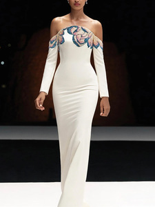 A11270 Abito da Sera Bianco a Sirena con <span class=keywords><strong>Spalle</strong></span> <span class=keywords><strong>Scoperte</strong></span> per Donna: <span class=keywords><strong>Vestito</strong></span> Formale con Paillettes e Decorazioni Floreali a <span class=keywords><strong>Maniche</strong></span> <span class=keywords><strong>Lunghe</strong></span> - Elegante per Matrimoni/Balli - Product Image 2