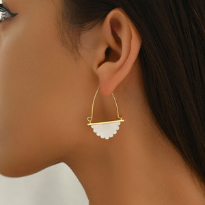 Hoop <b>Earrings</b> Fan Shape Mother Of Pearl Inlay Geometric Design Everyday Wear Stainless Steel Ear <b>Post</b> - Product Image 2