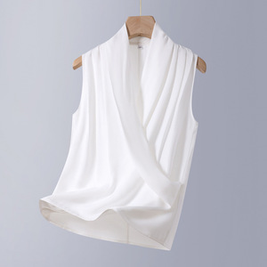 White V Neck Sleeveless Vest For Women Flax Fabric Crossbody Design Four Seasons Wear - Product Image 1
