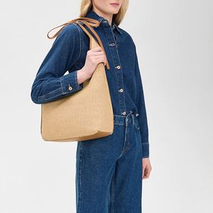 Bolso Tote Mediano Personalizado para Mujer, Bolso de Hombro Tejido de Rafia Natural para Otoño/Invierno, con Ribete de Cuero Sintético, para Playa y Viajes - Product Image 2