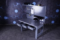 Table d'atelier robuste en acier avec plateau en acier inoxydable, panneau perforé pour rangement d'outils et roulettes en PU – Vente en gros OEM