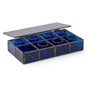 Boîte à bijoux bleue au design moderne avec garniture dorée, panneaux transparents, design exquis, conteneur de rangement moderne, boîte à bijoux en laiton - Product Image 1