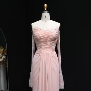 Vestido de Noche Sharon Said SF397 Rosa con Encaje, Hombros Descubiertos y Pliegues de Cristal para Mujer, Vestido de Novia Árabe, Vestido de Graduación, Sin Stock - Product Image 3