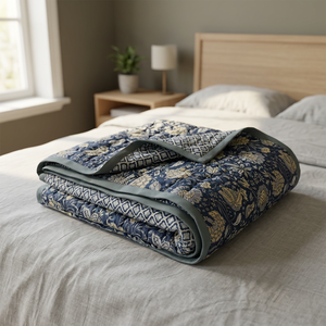 Blue Print Organic Eco-Friendly Quilted Blanket Hand Block Printed 100% Cotton Luxury Oversized <b>Quilt</b> Couch Bed Sage Lap <b>Bedding</b> - Product Image 3