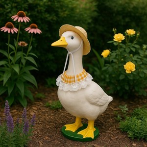 Estatua de pato de jardín, Ropa para mascotas con estampado de hojas, Trajes para gansos de porche, Sombrero de paja desmontable y pañuelo - Product Image 2